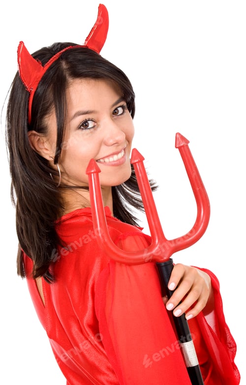 Preview: Female In A Red Devil Halloween Costume Smiling Isolated Over A White Background