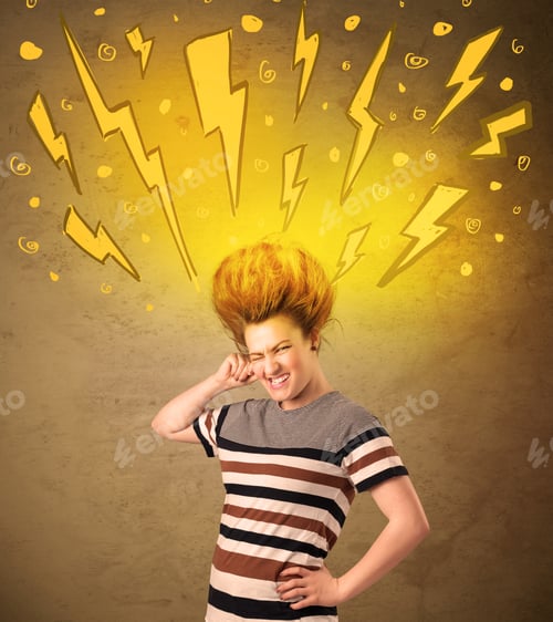 Preview: Young Woman With Hair Style And Hand Drawn Lightnings Concept On Background