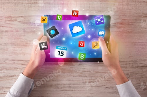 Preview: Caucasian Business Hands Holding And Working On Tablet