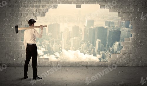 Preview: Business Man Hitting Wall With Hammer On City View Background