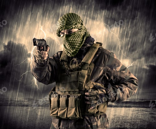Preview: Portrait Of A Dangerous Armed Terrorist With Mask And Gun In A Thunderstorm With Lightning