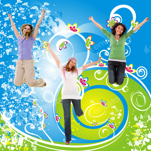 Preview: Illustration Of Casual Girls Jumping And Smiling Over A Blue And Green Background