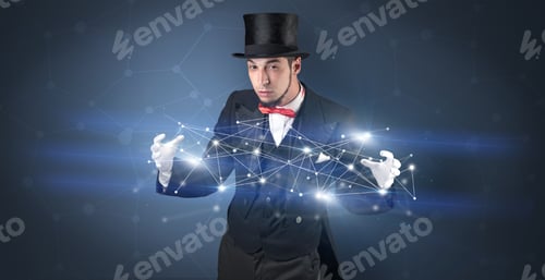 Preview: Magician With Blue Background And Geometrical Connection Between Two Hands