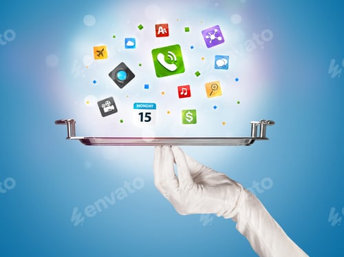 Preview: A Stylish Waiter Hand With White Gloves Holding A Silver Plate Full Of Social Media Communication