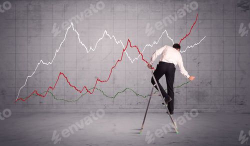 Preview: A Guy In Modern Suit Standing On A Small Ladder And Drawing A Chart On Grey Wall Background With