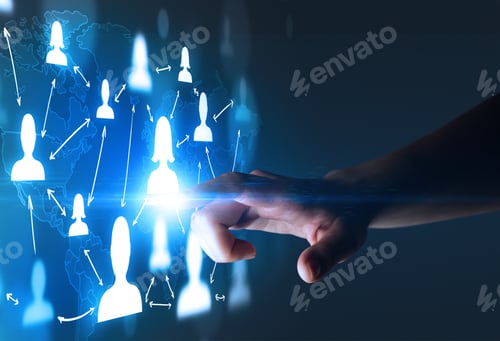 Preview: Female Finger Touching A Beam Of Light Surrounded By Portraits And A World Map Behind It