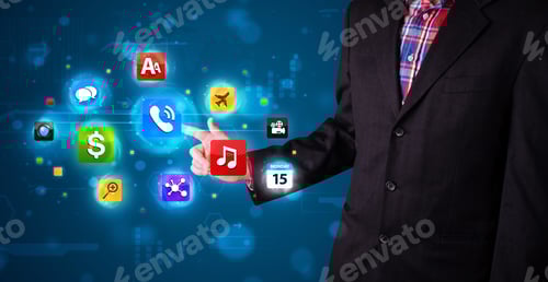 Preview: Young Businessman Pressing Various Collection Of Buttons