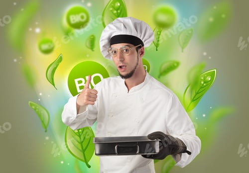 Preview: Green Bio Leaves Concept And Cook Portrait With Kitchen Tools