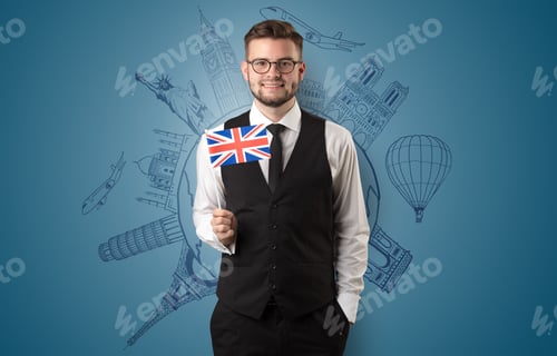 Preview: Elegant Man With Sightseeing Concept On The Background And Flag On His Hand