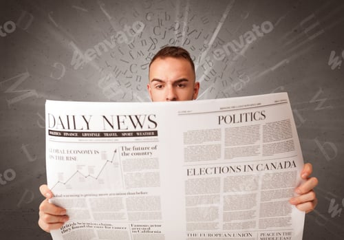 Preview: Young Smart Businessman Reading Daily Newspaper With Alphabet Letters Above His Head