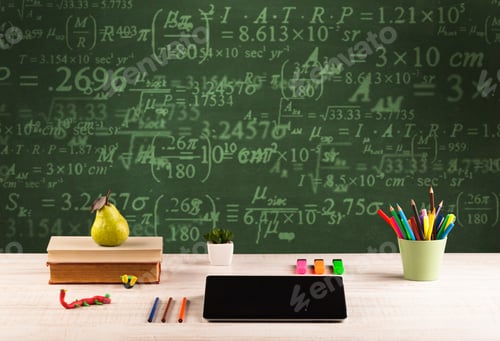 Preview: A Stuffed School Desk With Green Blackboard In The Background Full Of Numbers, Calculation