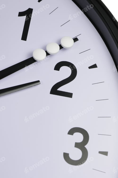 Preview: Medical Macro: Three Aspirin On The Minute Hand Of An Analog Wall Clock