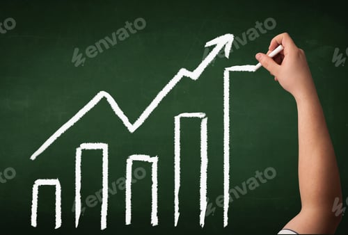 Preview: A Grown Up'S Hand Drawing Chart With Exponentially Growing Arrow On Green Chalkboard