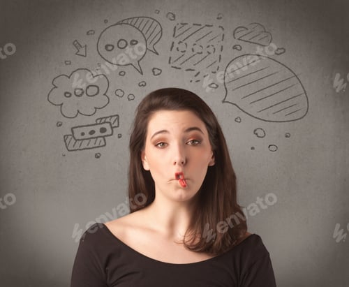 Preview: A Cute Female Student Making Funny Expressions With Thoughts In Her Head Illustrated By Drawn Chat