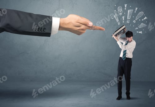 Preview: Employee In Trouble Getting Last Warning From Boss Concept With Big Business Hand Pointing At