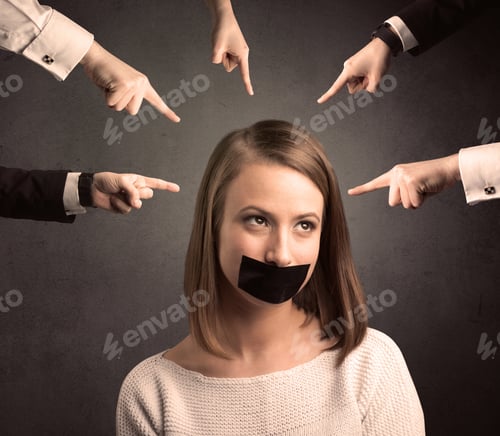 Preview: Caucasian Multiple Business Hands Pointing At Female Employee