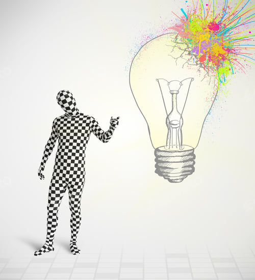 Preview: 3D Human Character Is Body Suit Morphsuit Looking At Abstract Colorful Lightbulb