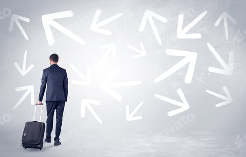 Preview: Businessman With Back Walking Away With Higgledy-Piggledy Arrows Around