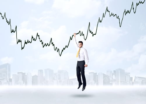 Preview: Businessman Hanging On A Graph Rope