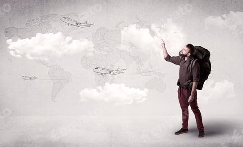 Preview: Handsome Young Man Standing With A Backpack On His Back And Planes In Front Of A World Map As A