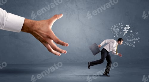 Preview: Stressful Businessman Running From A Big Hand Concept On Background