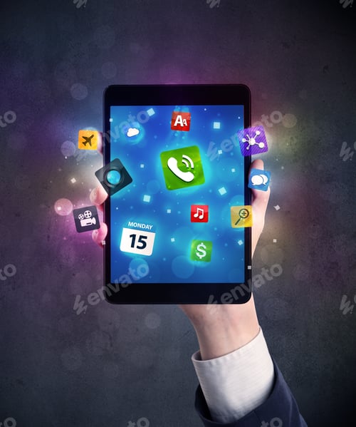 Preview: Caucasian Hand In Business Suit Holding A Smartphone With Colorful Media Icons