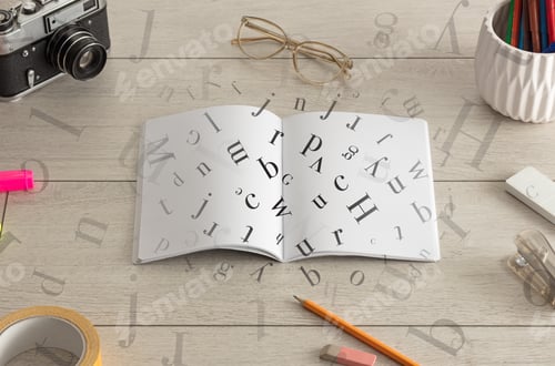 Preview: Open Notebook On The Floor With Office Instruments Nearby And Letters On It