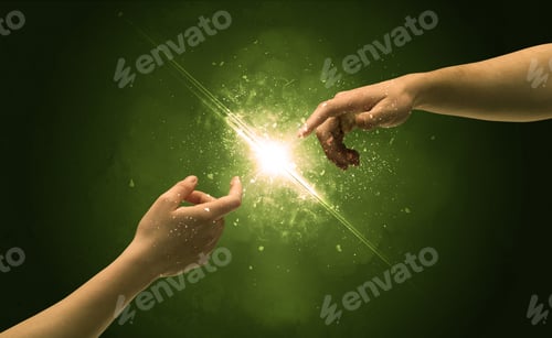 Preview: Two Naked Male Hands About To Touch, Lighting The Spark With Modest Explosion In Front Of Green