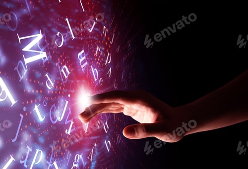 Preview: Female Finger Touching A Beam Of Light Surrounded By A Pink Background With Alphabet Letters