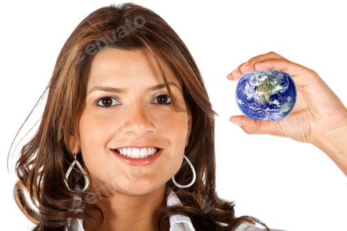 Preview: Worldwide Business Woman Holding A Globe - Isolated Over A White Background