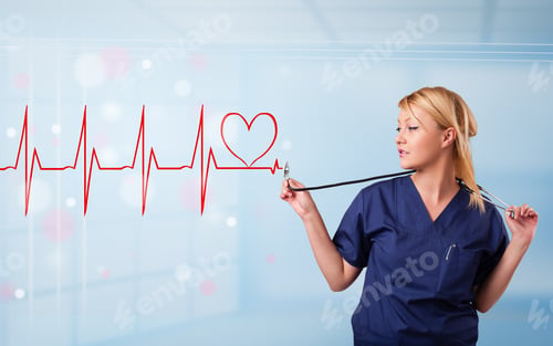 Preview: Beautiful Young Nurse Listening To Abstract Pulse With Red Heart