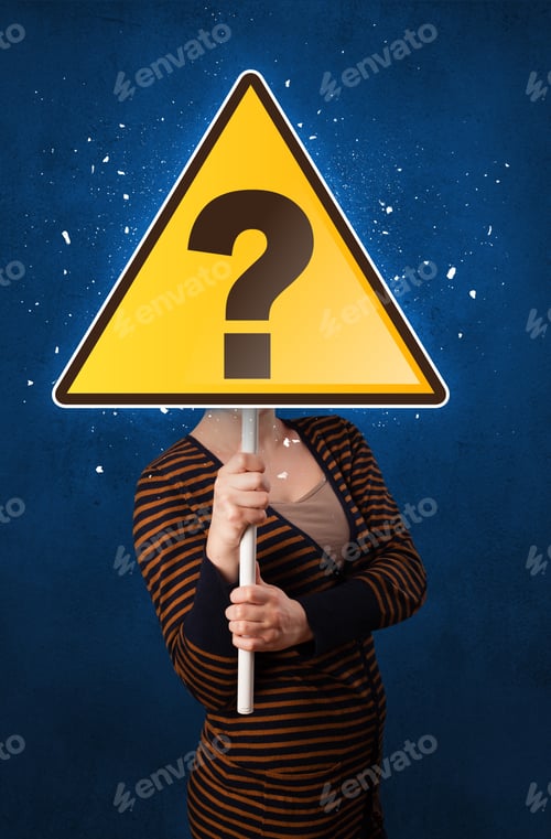 Preview: Casual Young Woman Holding Yellow Sign With Question Mark