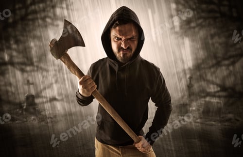 Preview: Armed Aggressive Hunter In Abandoned Thick Forest Graveyard Concept