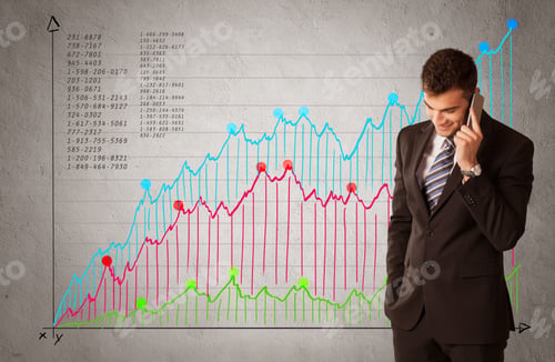 Preview: A Confident Young Businessman Standing In Front Of A A Chart With Graphs And Numberswhile Talking
