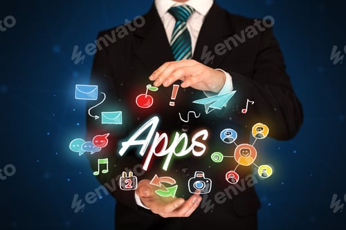 Preview: Businessman With Drawn Application Icons And Symbols In His Hands