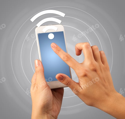 Preview: Female Fingers Touching Smartphone With Wireless Connection Icon