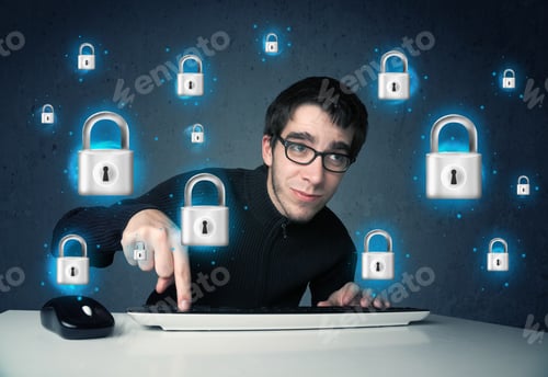 Preview: Young Hacker With Virtual Lock Symbols And Icons On Blue Background