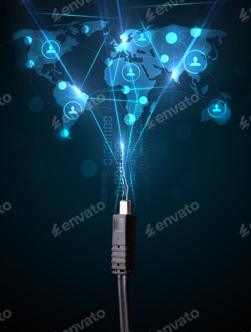 Preview: Glowing Social Network Icons On World Map Coming Out Of Electric Cable