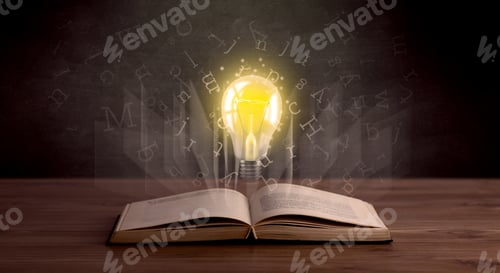 Preview: Shiny Alphabet Letters And Yellow Lightbulb Hovering Over Open Book
