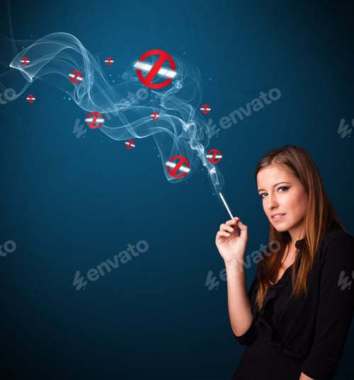 Preview: Beautiful Young Woman Smoking Dangerous Cigarette With No Smoking Signs