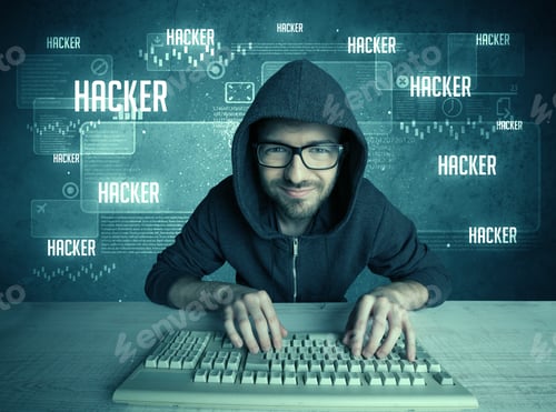 Preview: A Young Handsome Nerd Hacking Internet Web Sites While Working On Computer Keyboard, With Digital