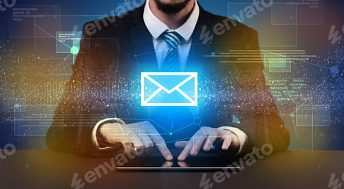 Preview: Businessman In Suit Typing With Communication, Mailing Concept Around