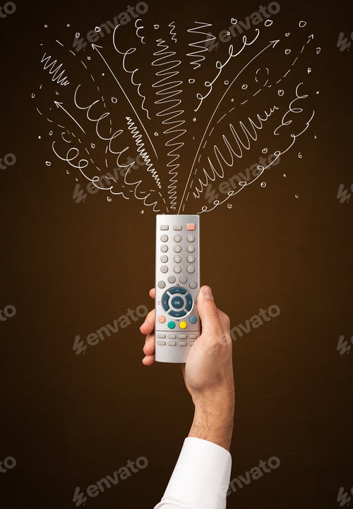 Preview: Hand Holding A Remote Control, Curly Lines And Arrows Coming Out Of It