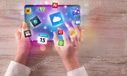 Preview: Caucasian Business Hands Holding And Working On Tablet