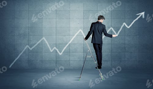 Preview: A Man Standing On A Ladder And Drawing A Chart On Blue Wall Background With Exponential Progressing