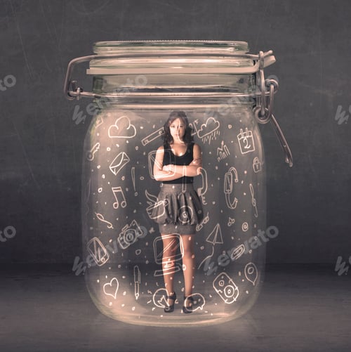 Preview: Business Woman Captured In Glass Jar With Hand Drawn Media Icons Concept On Background
