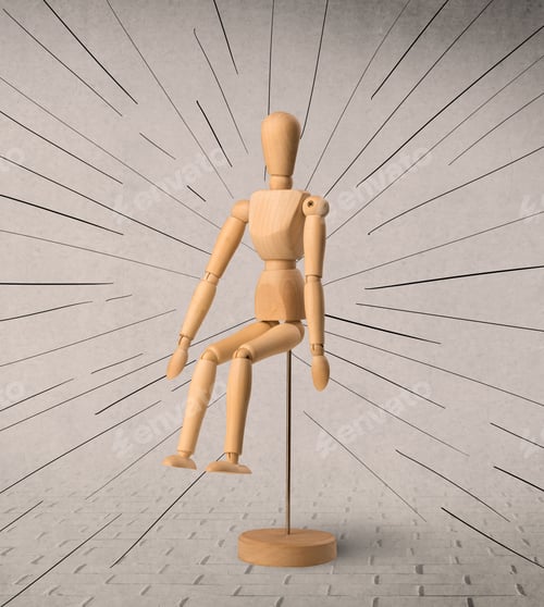 Preview: Wooden Mannequin Posed In Front Of A Greyish Background With Black Lines Around Him