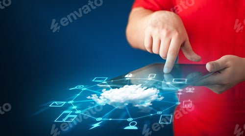 Preview: Close Up Of Hand Holding Tablet With Cloud Network Technology Concept On Background