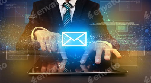 Preview: Businessman In Suit Typing With Communication, Mailing Concept Around
