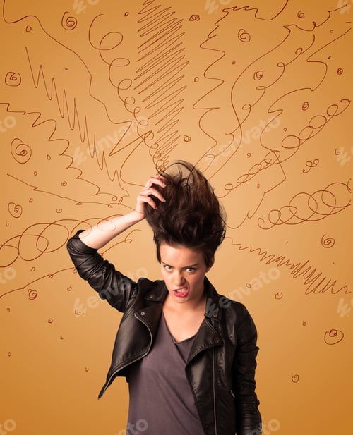 Preview: Excited Young Woman With Extreme Hairtsyle And Hand Drawn Lines Concept On Background